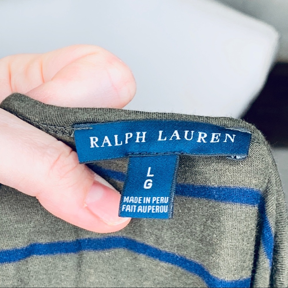 Ralph Lauren Navy Blue & Green striped Scoop Neck top, 3/4 sleeves, Cotton, LG - Picture 5 of 6